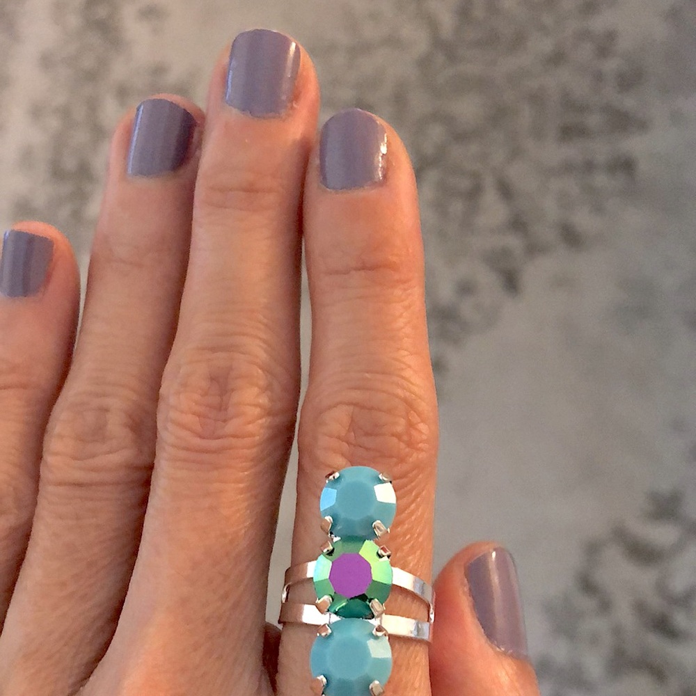 Turquoise + Peacock Teal Silver Crystal Statement Ring - Picture 7 of 10
